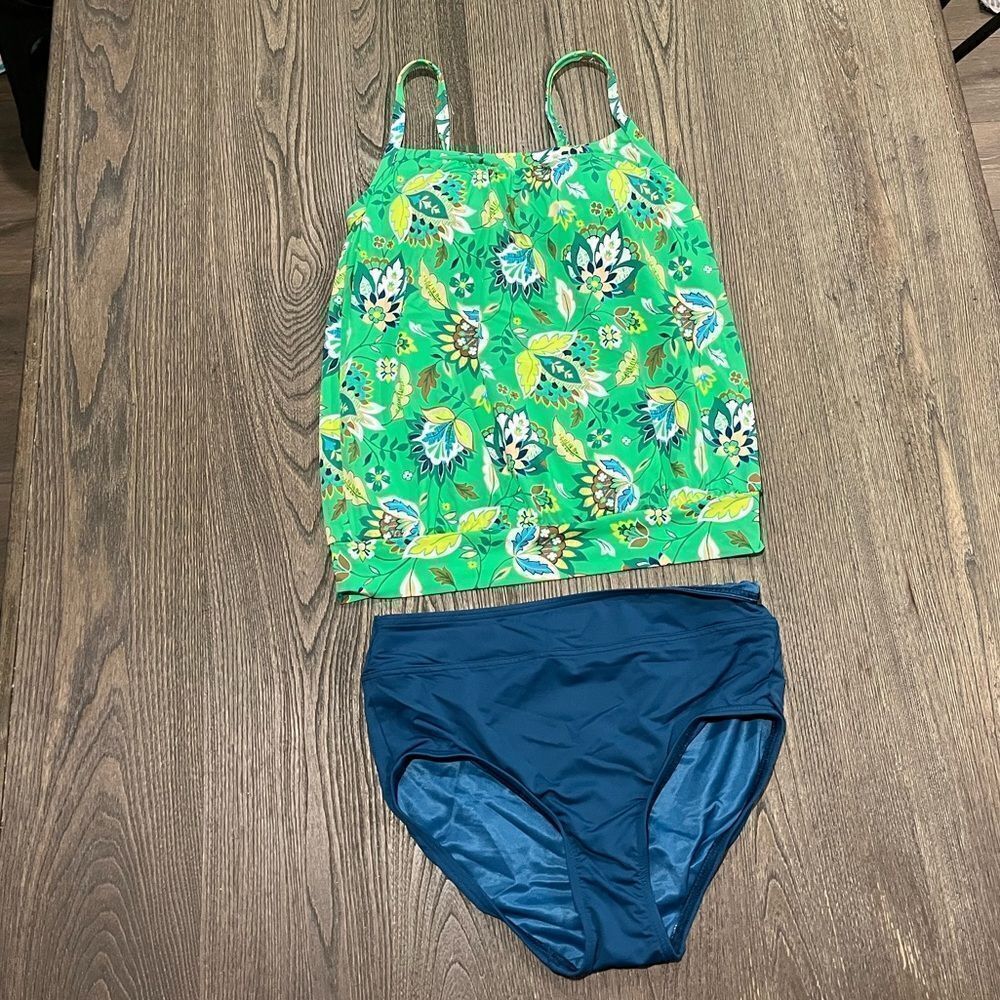 Lands End Bathing Suit Tankini Floral Tank Padded Green Navy Blue Size 4/6